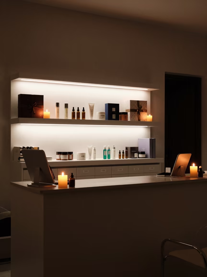 Rajkot Salon Counter Skincare Display Night in at a salon reception counter in Rajkot