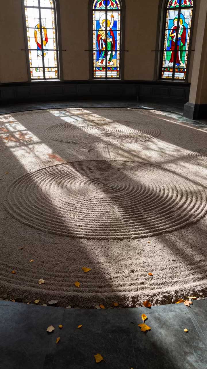 Raked Zen Garden in Reno Nave in inside a candlelit nave in Reno