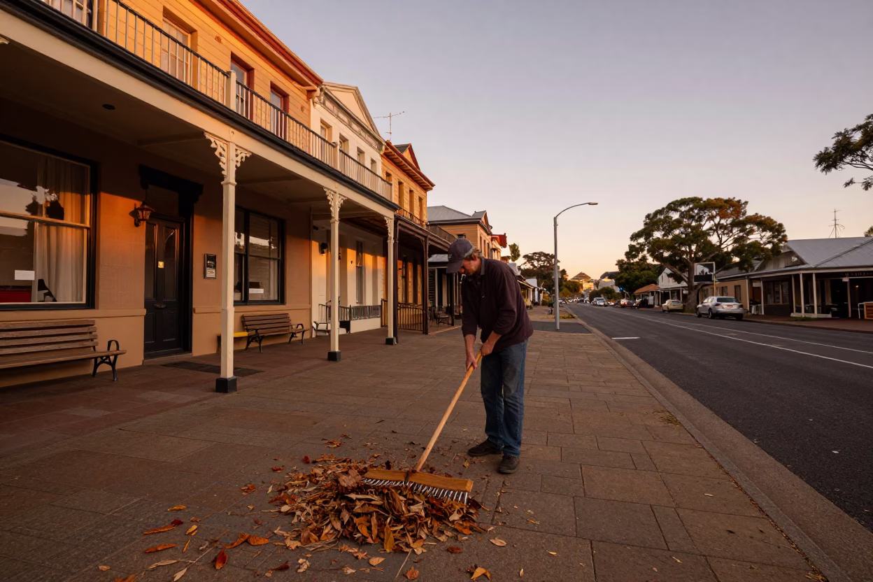 Raking Leaves in Sydney at Copper-toned Light Before Dusk in in Sydney, New South Wales, Australia