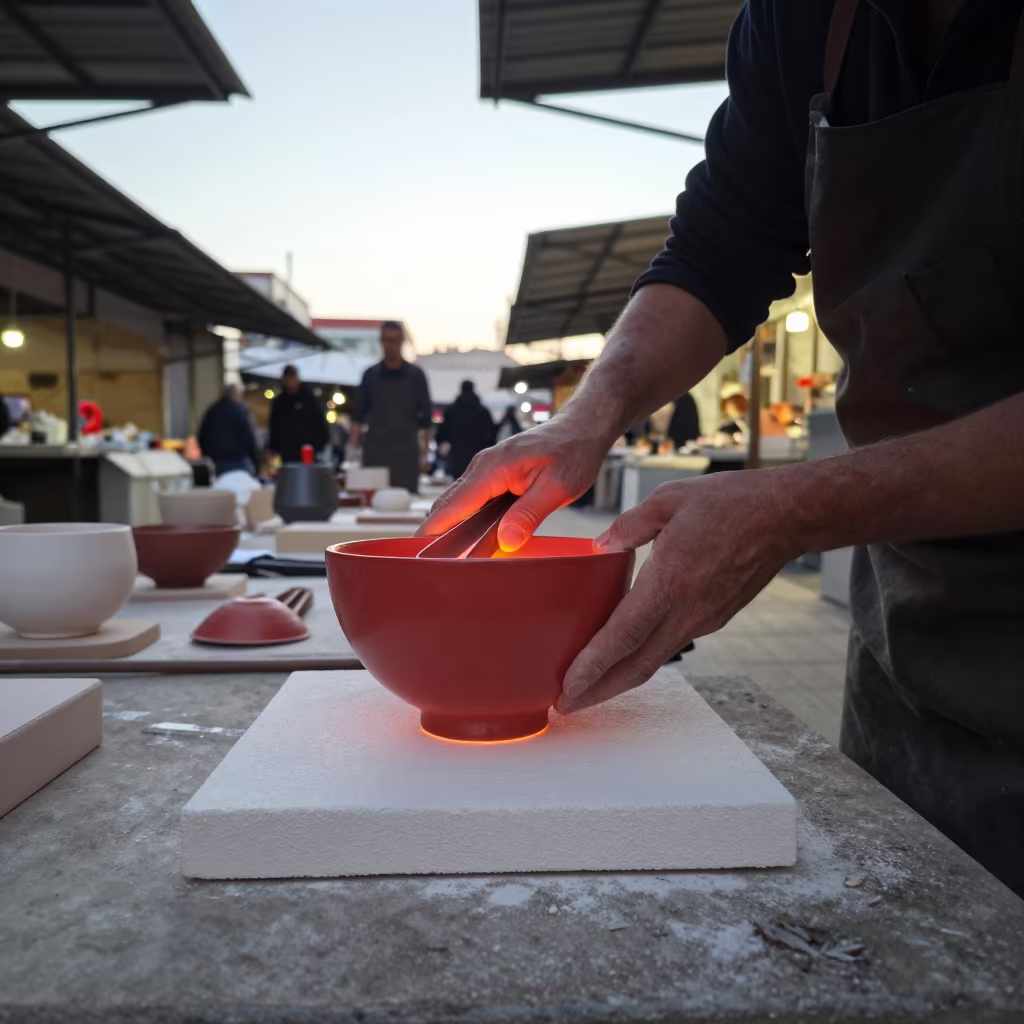 Raku Potter Removes Bowl from Kiln Barcelona in in a market hall in Sant Antoni, Barcelona
