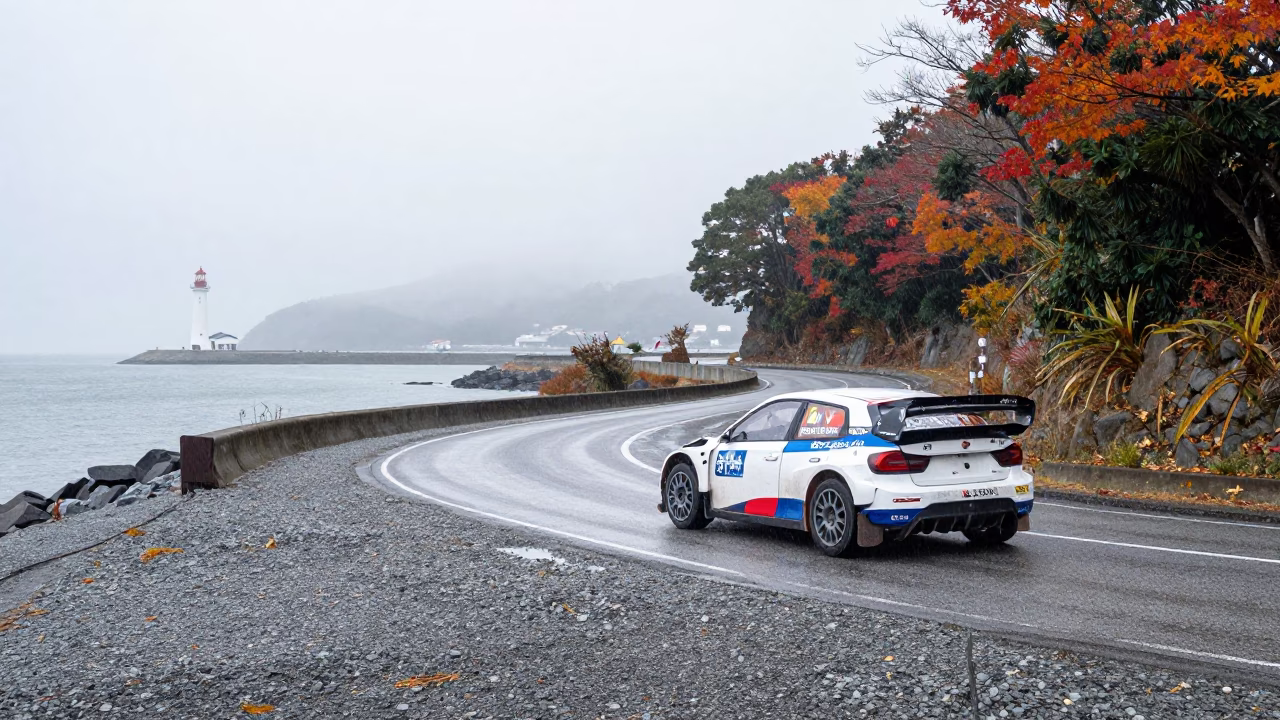 Rally Car Drifts Harbor Bend Autumn Rain Japan in beside a fogbound harbor mouth in Japan