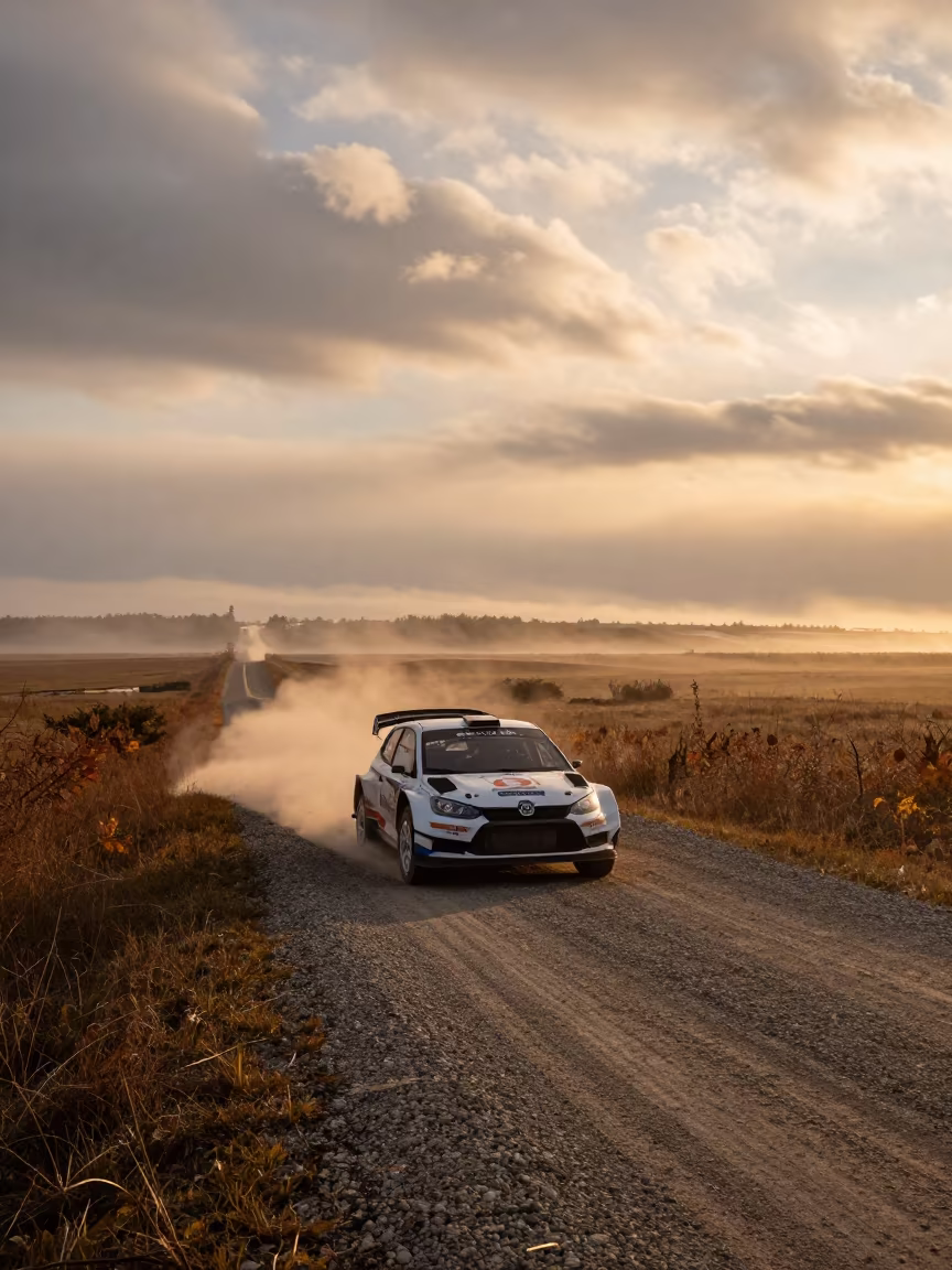 Rally Car Gravel Dust Harbor Bend North Dakota in beside a fogbound harbor mouth in North Dakota