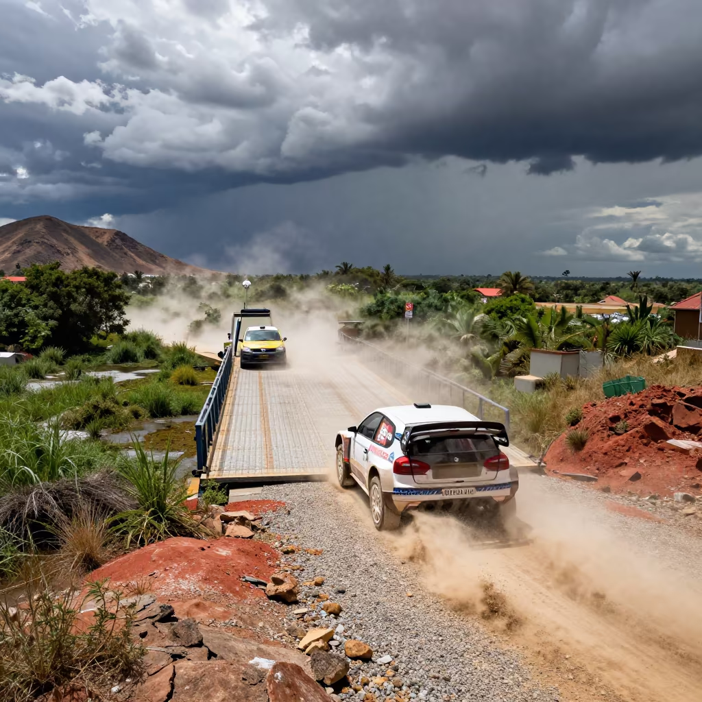 Rally Car Kicking Gravel on Niger Ferry Bend in across a remote ferry crossing in Niger