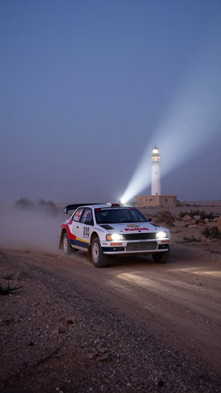 Rally Car Kicking Gravel in Predawn Fog in near Yazd