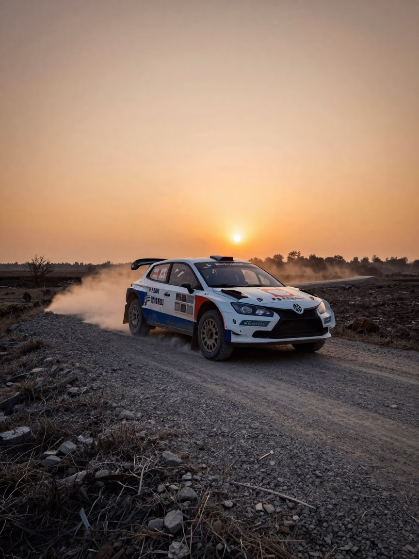 Rally Car Kicking Up Gravel on Assam Bend in in Assam