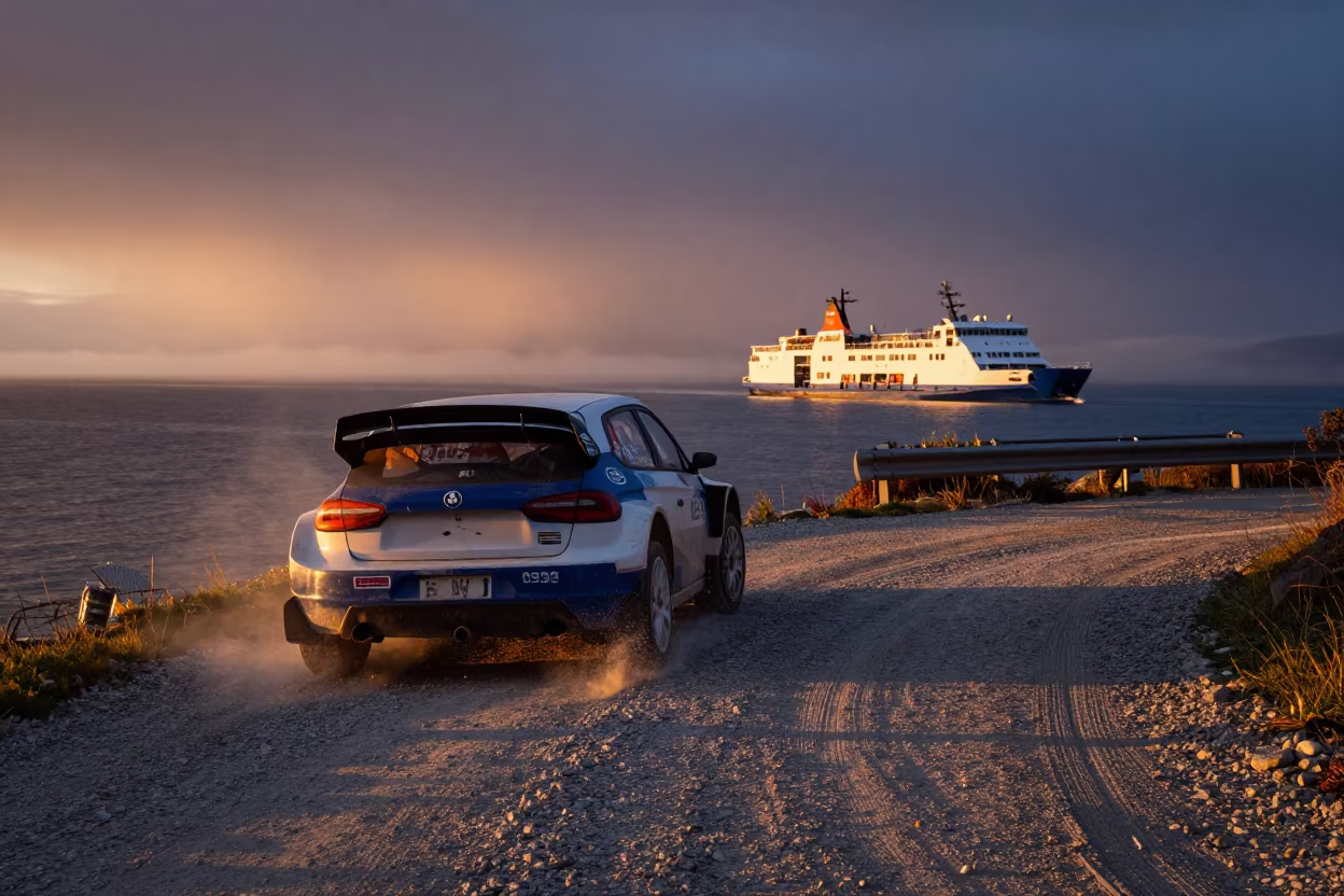 Rally Car Kicks Up Gravel on Murino Ferry Crossing in across a remote ferry crossing near Murino