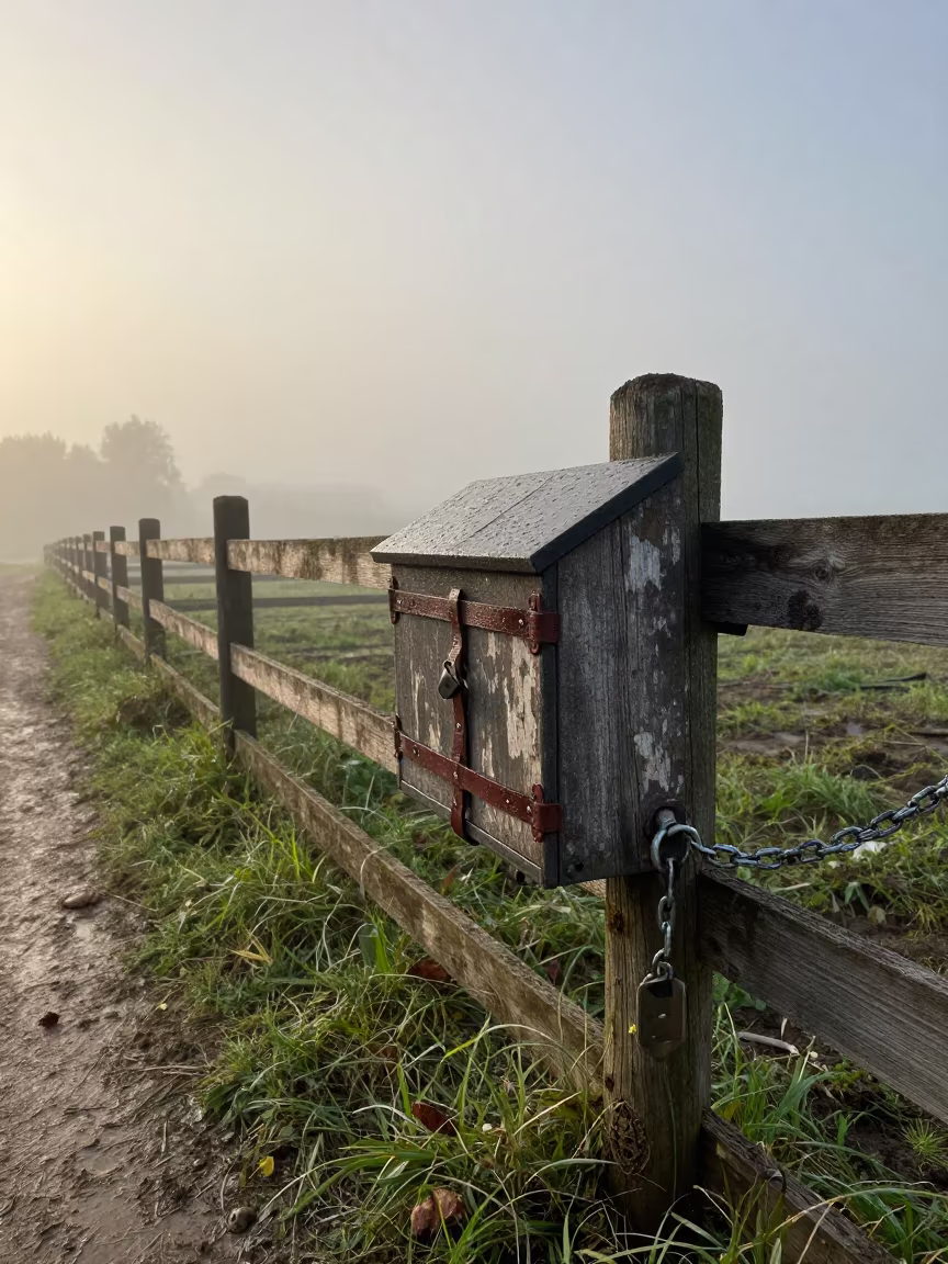 Ram Harness Locker Misty Polish Dawn Drizzle in along a muddy paddock fence in Poland