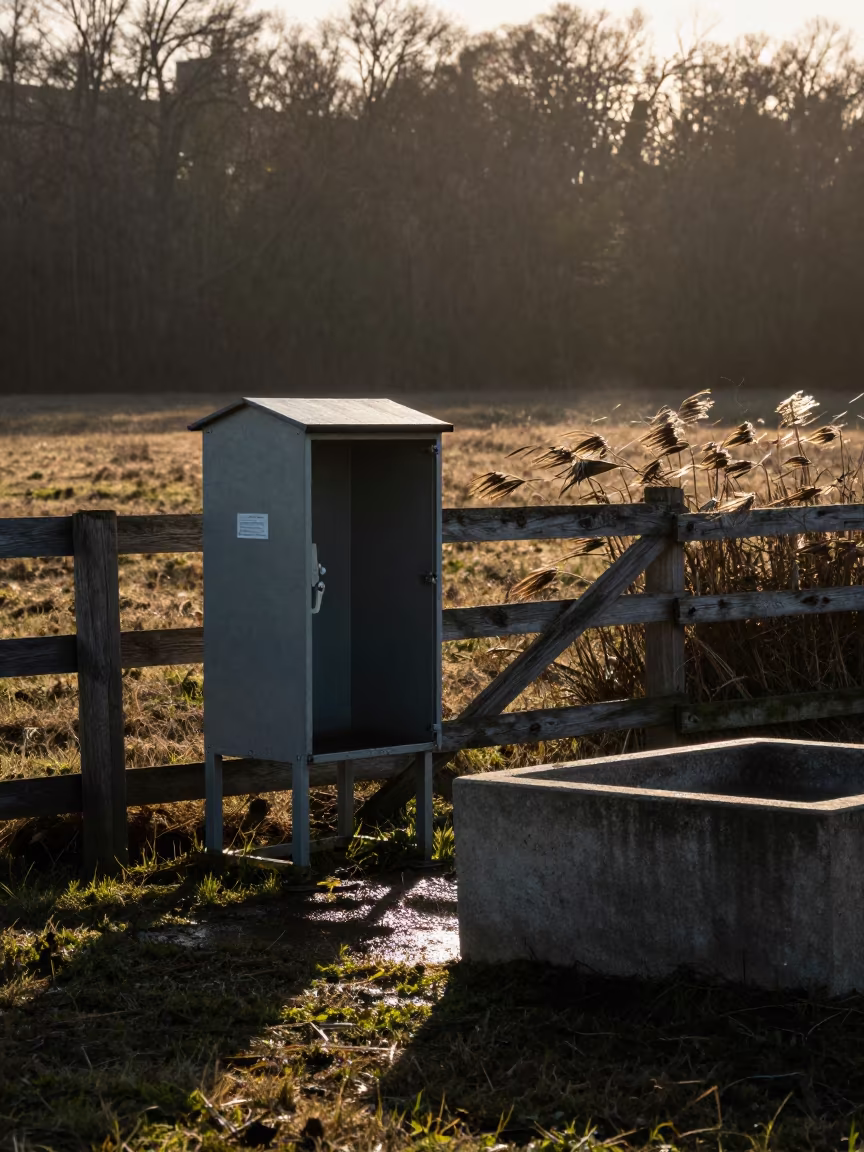Ram Harness Locker in Morning Shadow Near Delaware Windbreak in near a windbreak and water trough in Delaware