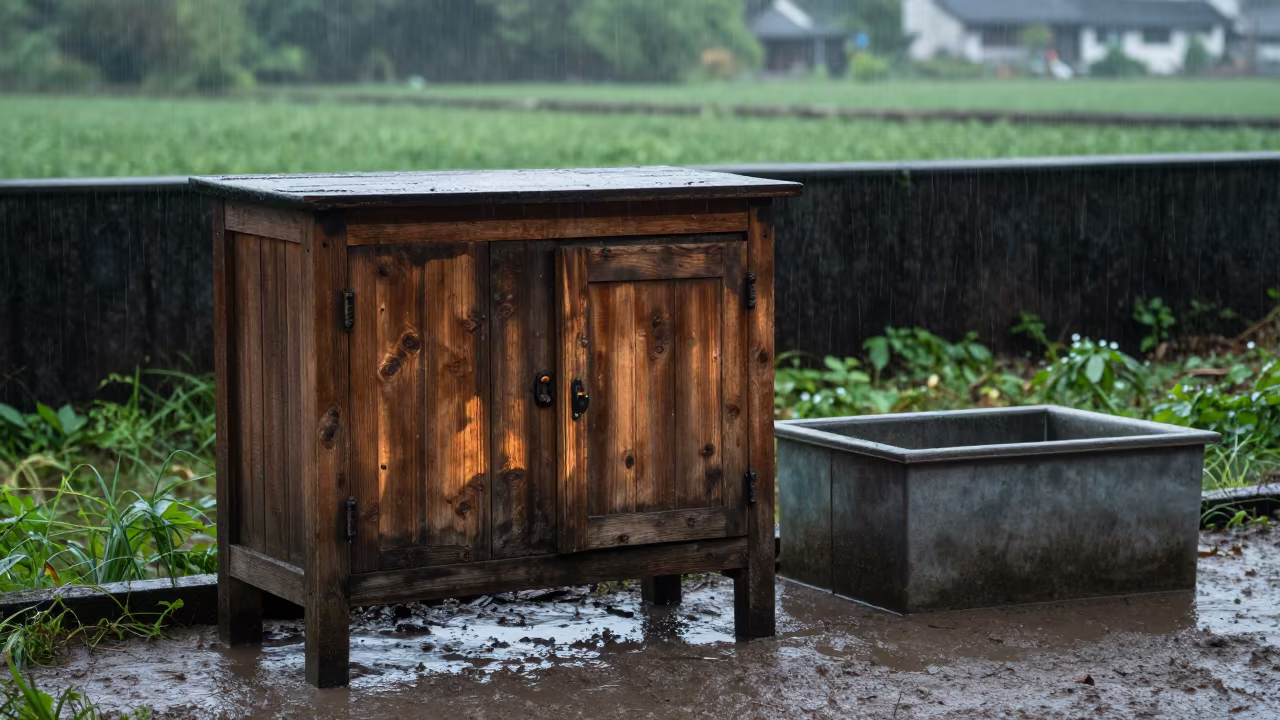 Ram Harness Locker Near Water Trough in Rain in near a windbreak and water trough in Zhejiang
