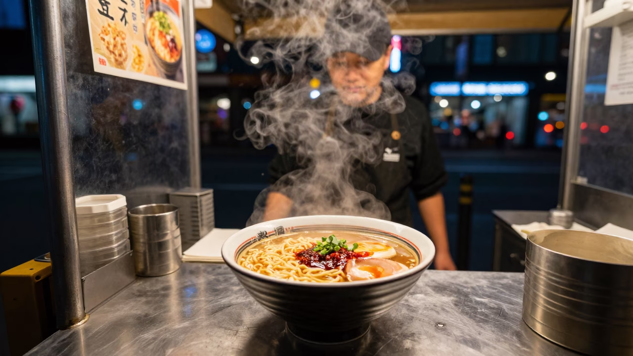 Ramen Bowl in Seattle at As City Lights Begin To Glow in in Seattle, Washington, United States