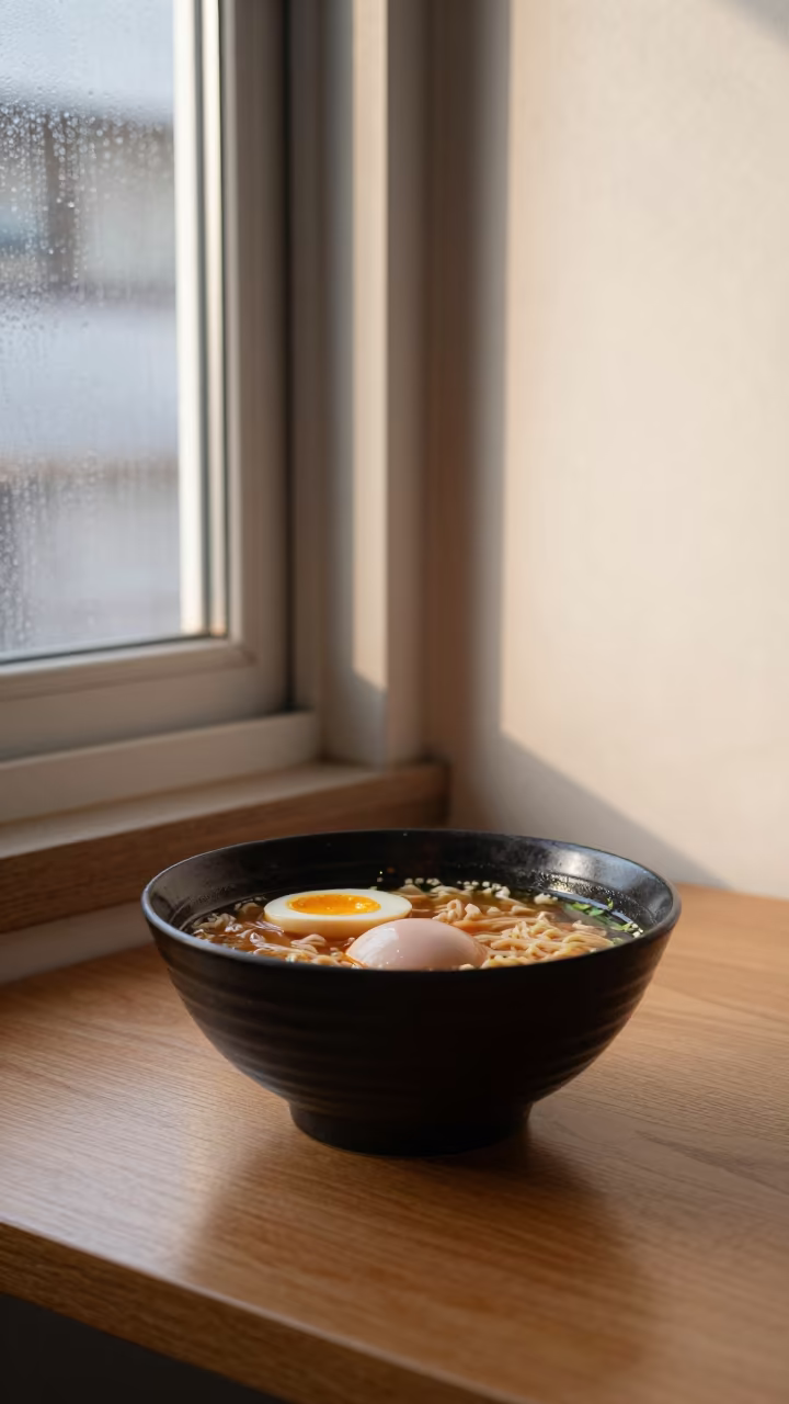 Ramen Bowl with Soft Egg in Incheon Autumn Light in on a small dining table by a window in Incheon