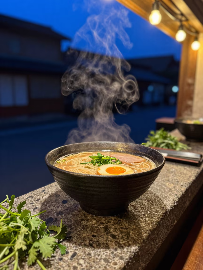 Ramen Bowl on Stone Sill Winter Twilight in at a noodle counter in Tezpur