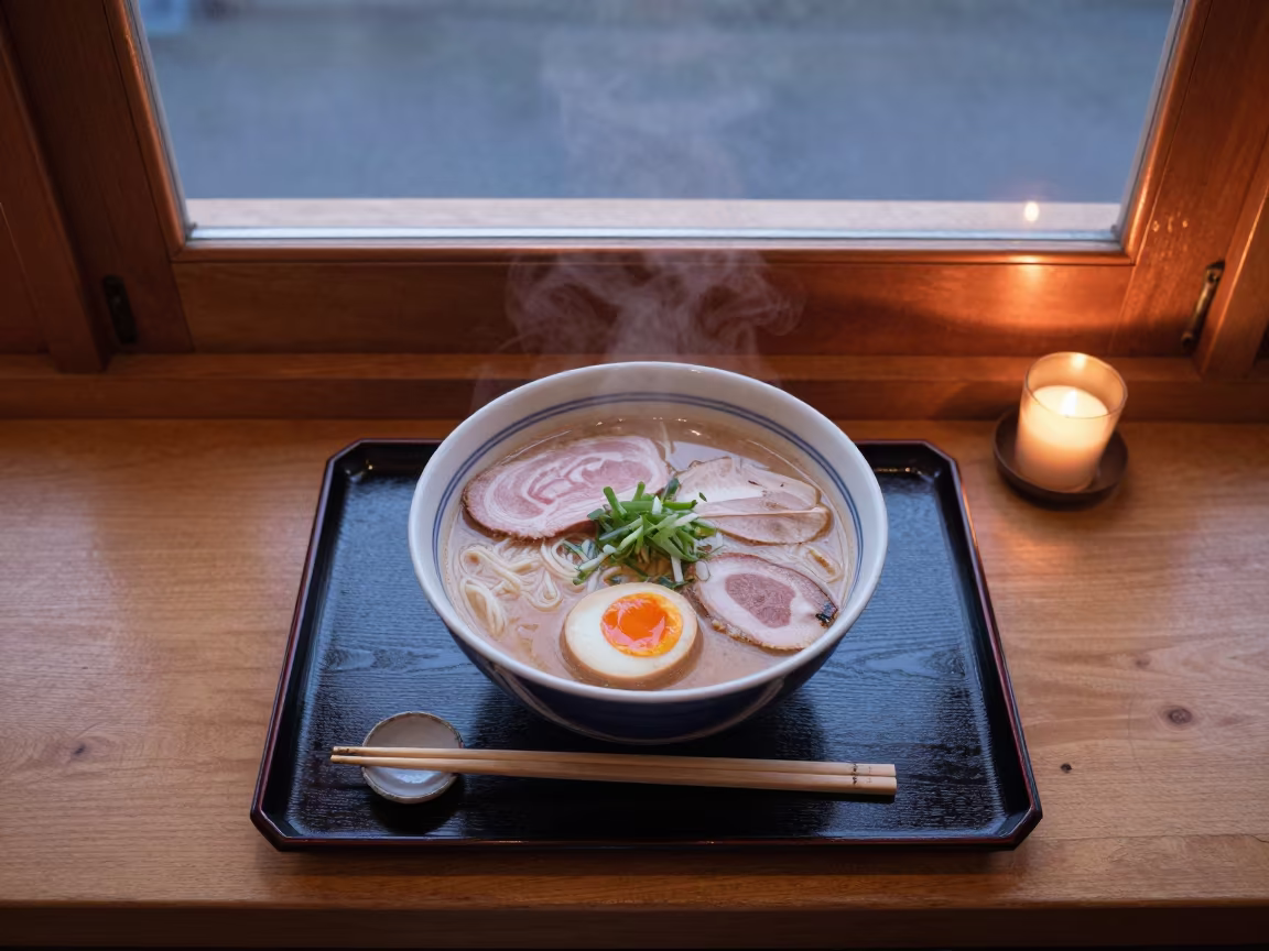 Ramen Bowl on Wooden Counter in Warm Light in on a lacquered tray in Ordu