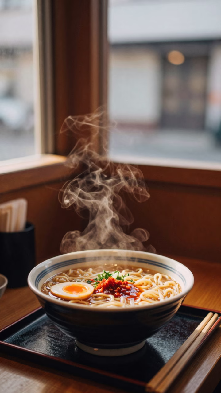 Ramen Dinner in Sapporo at Honeyed Evening Light in in Sapporo, Japan