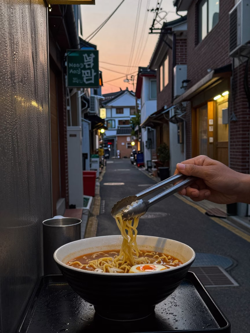 Ramen in Seoul at The Still Hours Before Dawn Light in in Seoul, South Korea