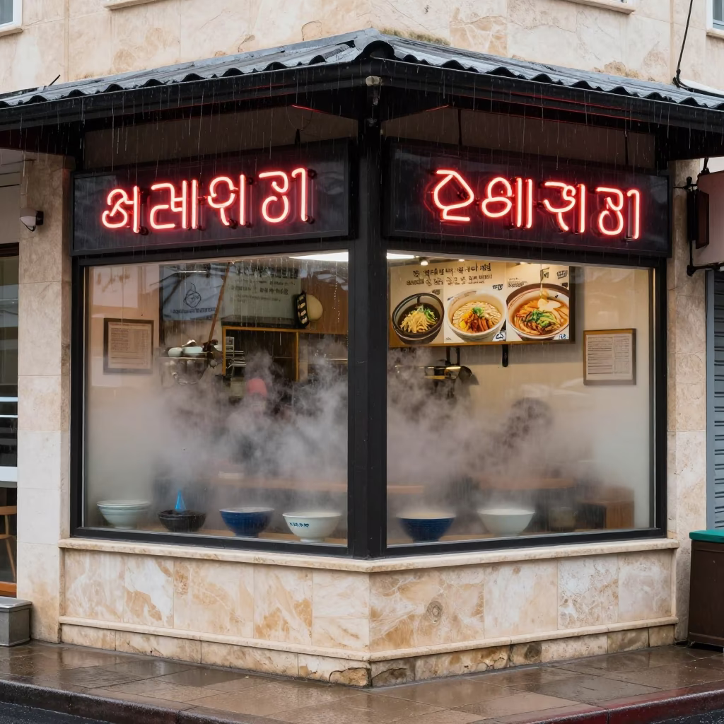 Ramen Shop Window Fogging After Rain in outside a shop window after rain in Zarqa