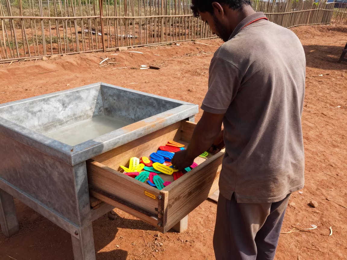 Ranch Worker Organizing Cattle Ear Tags Near Water Trough in near a windbreak and water trough in Bihar