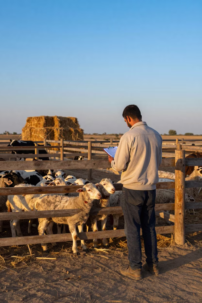 Rancher Counting Lambs in Iraq Evening Light in inside a ranch corral in Iraq