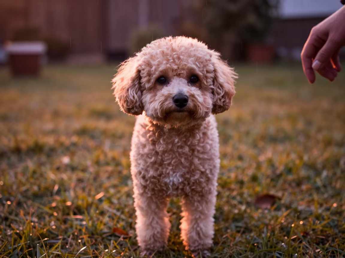 Ranchi Teacup Poodle Portrait in Copper Dusk in in a small yard with clipped grass, calm light, and the animal centered in frame in Ranchi