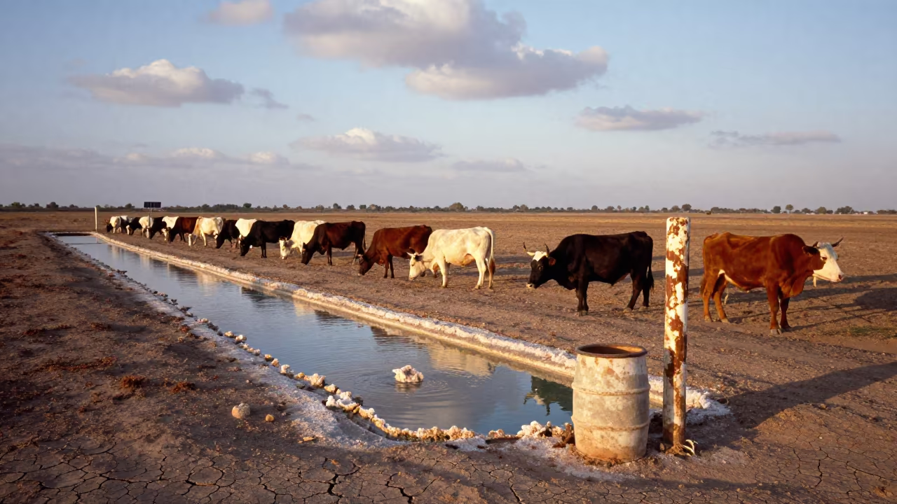 Range Cattle Near Solar Water Line Morocco in beside a pasture gate in Morocco