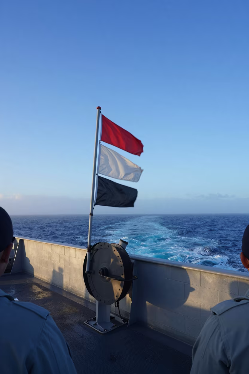Range Wind Flag Spool on Naval Deck at Dawn in on a naval deck in rough wind in the Great Barrier Reef