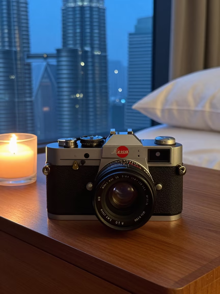 Rangefinder Camera on KLCC Nightstand Blue Hour in on a bedside table in KLCC, Kuala Lumpur