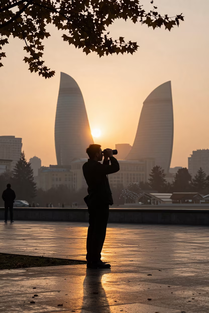 Ranger Silhouette at Baku Square at Sunset in at a public square in Baku