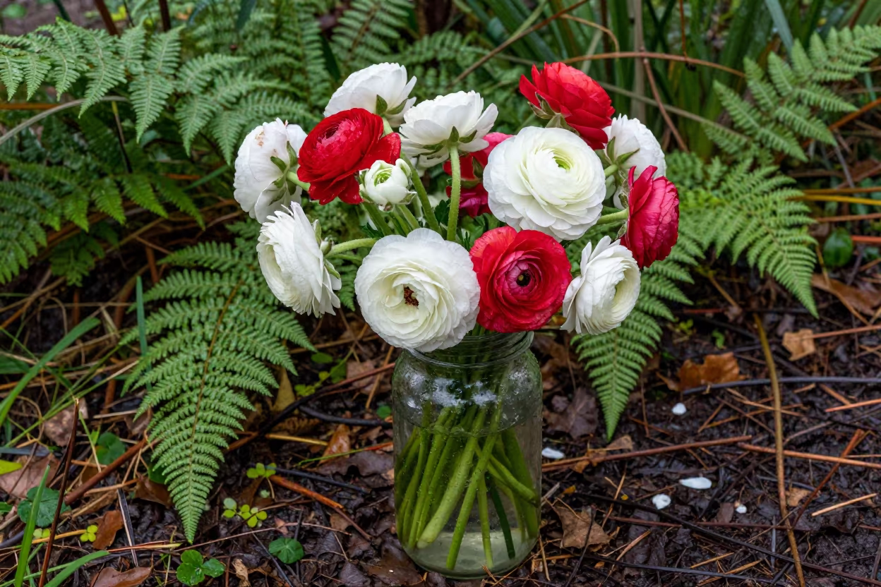 Ranunculus Bouquet Ferns Lisbon Forest Noon in on a fern-lined forest floor near Lisbon