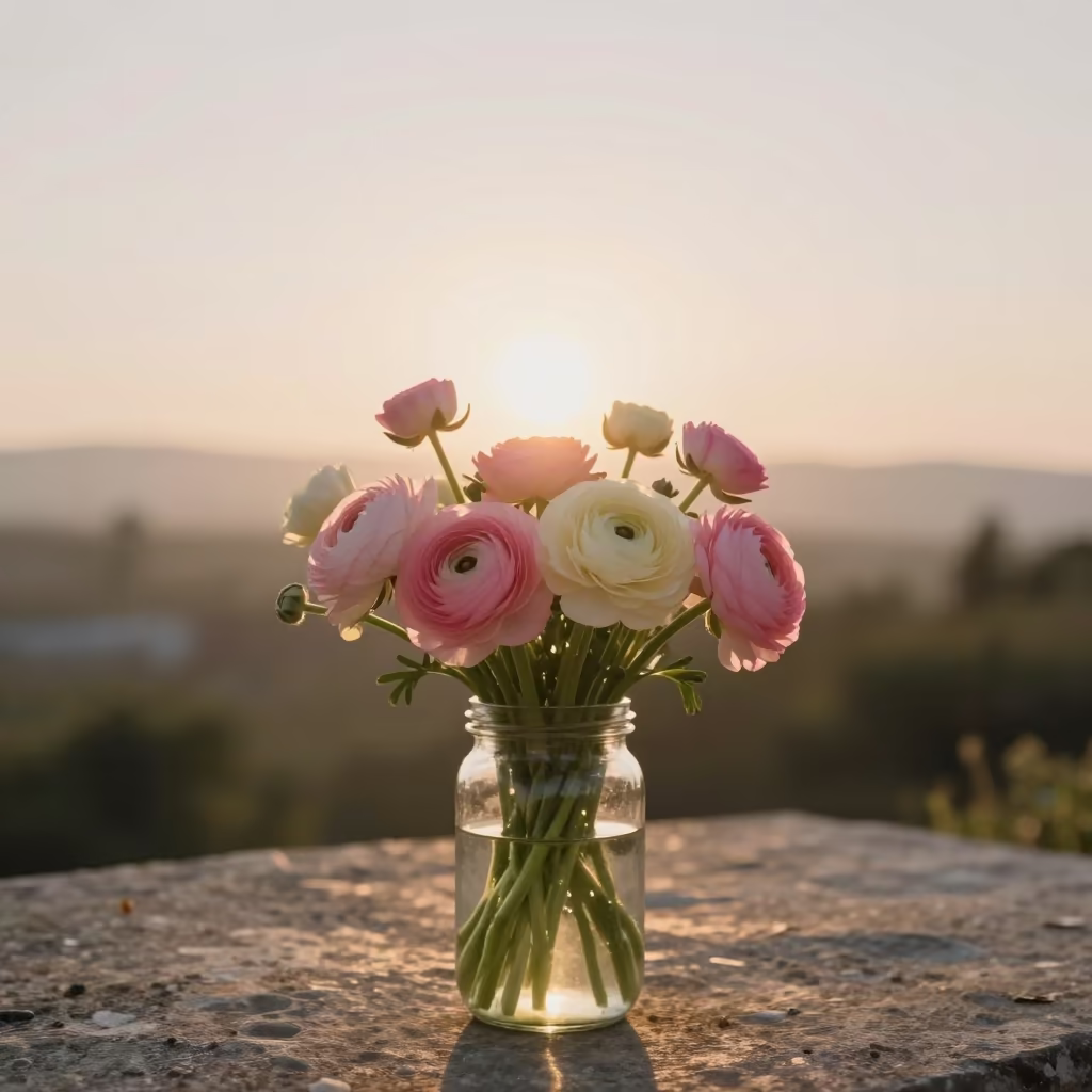 Ranunculus Bouquet in Glass Jar Morning Light in in North Macedonia