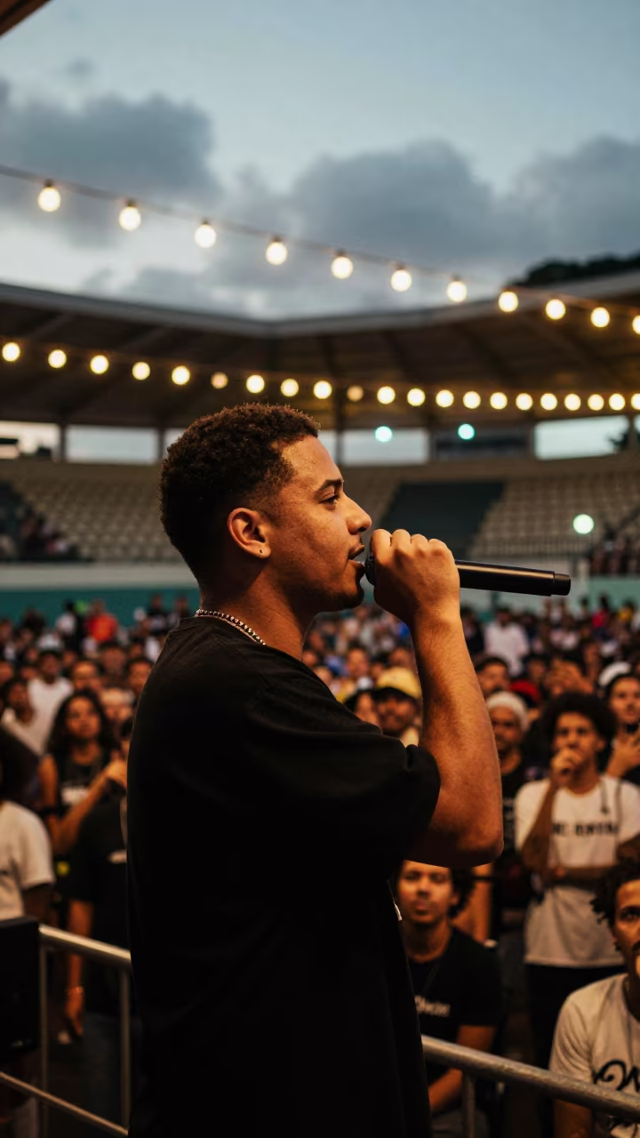 Rapper Gripping Microphone at Concert Hall Block Party in in a concert hall in Campinas