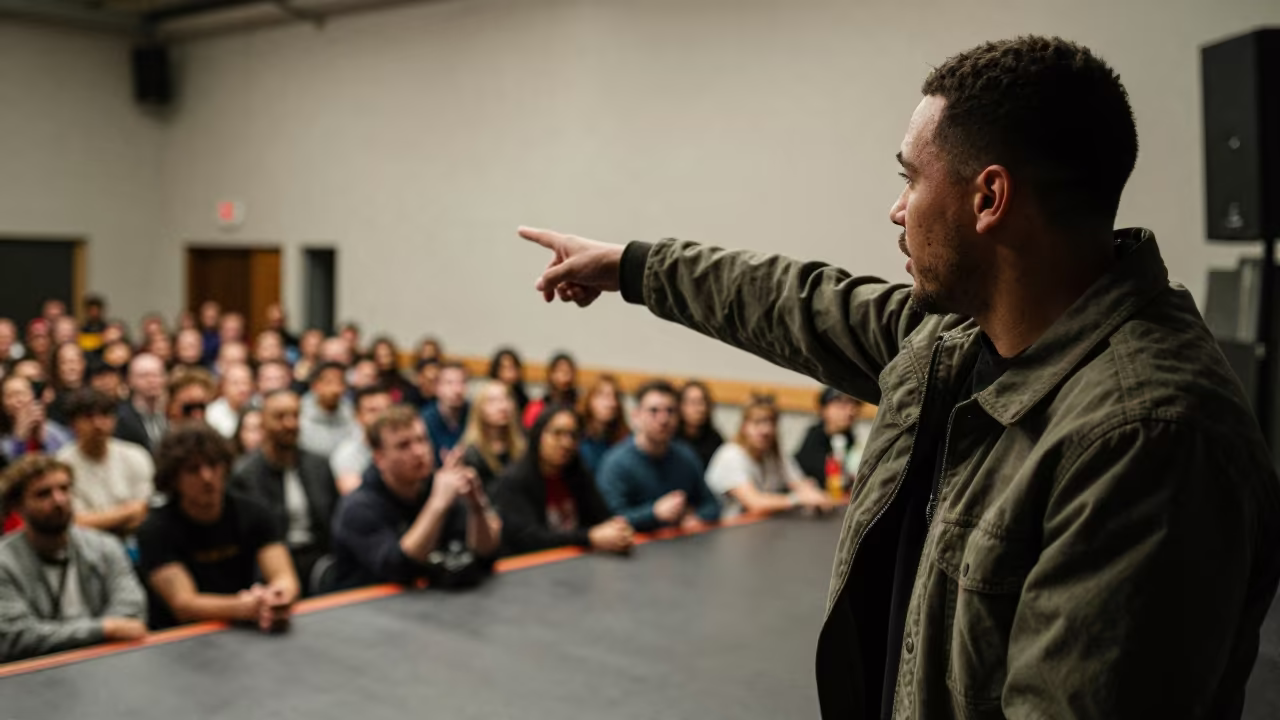 Rapper Pacing Stage Edge Derby Rehearsal in in a rehearsal room in Derby