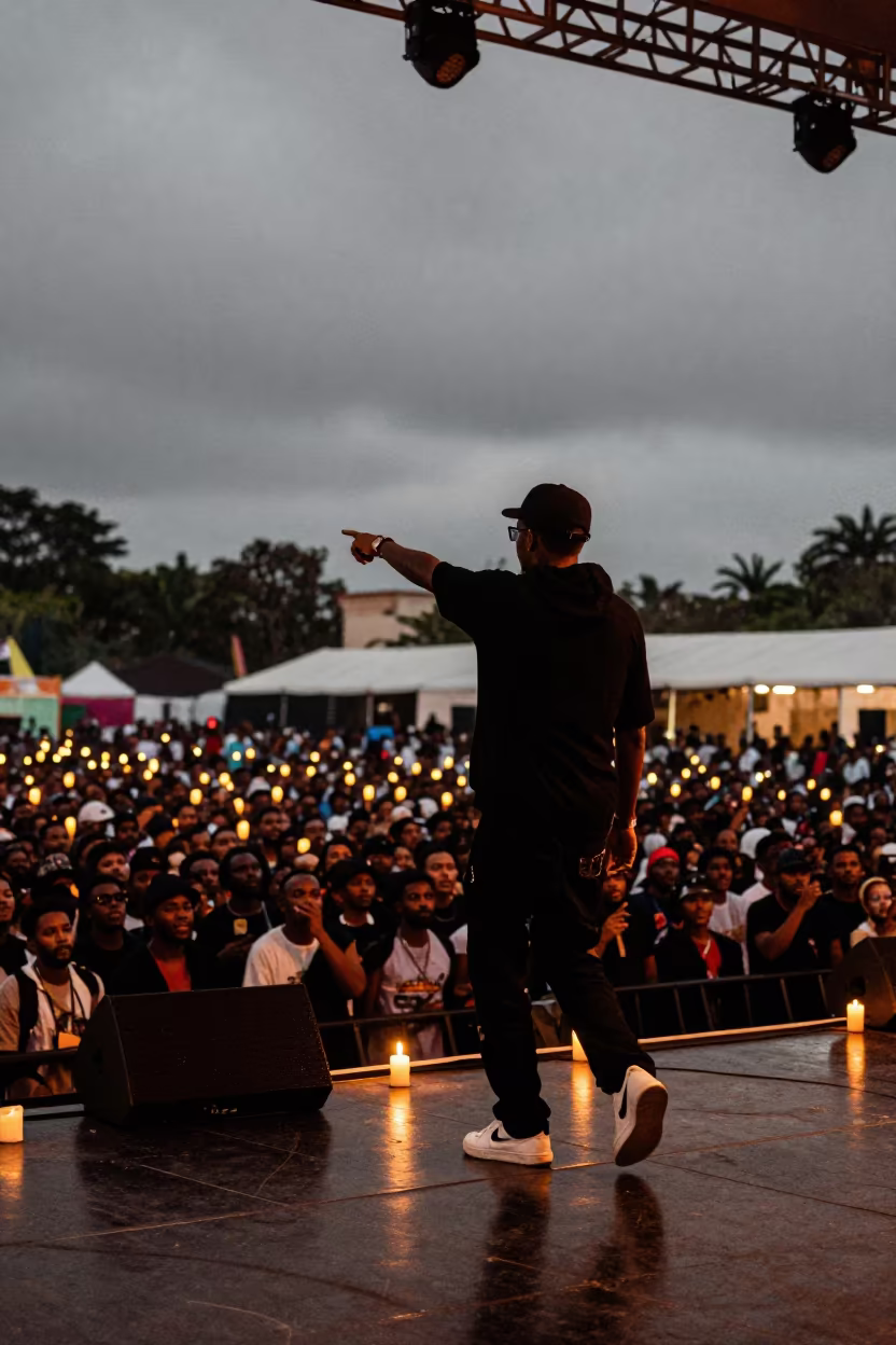 Rapper Pacing Stage Edge Pointing at Crowd in on a festival main stage in Maputo