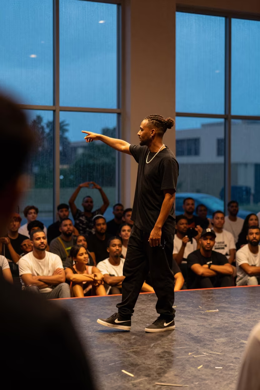 Rapper Pointing at Crowd in Rehearsal Room in in a rehearsal room in New Borg El Arab