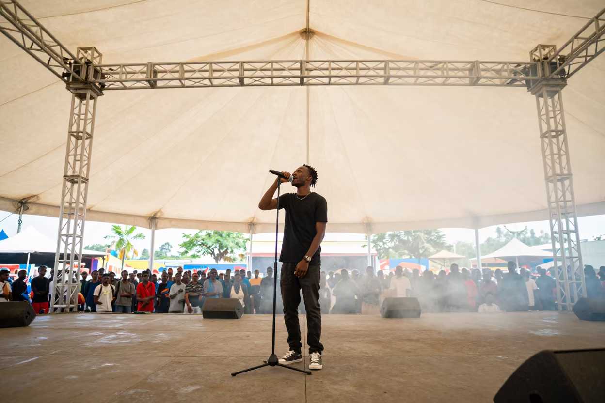 Rapper at Rooftop Circus Block Party in Mbabane in under a circus tent in Mbabane