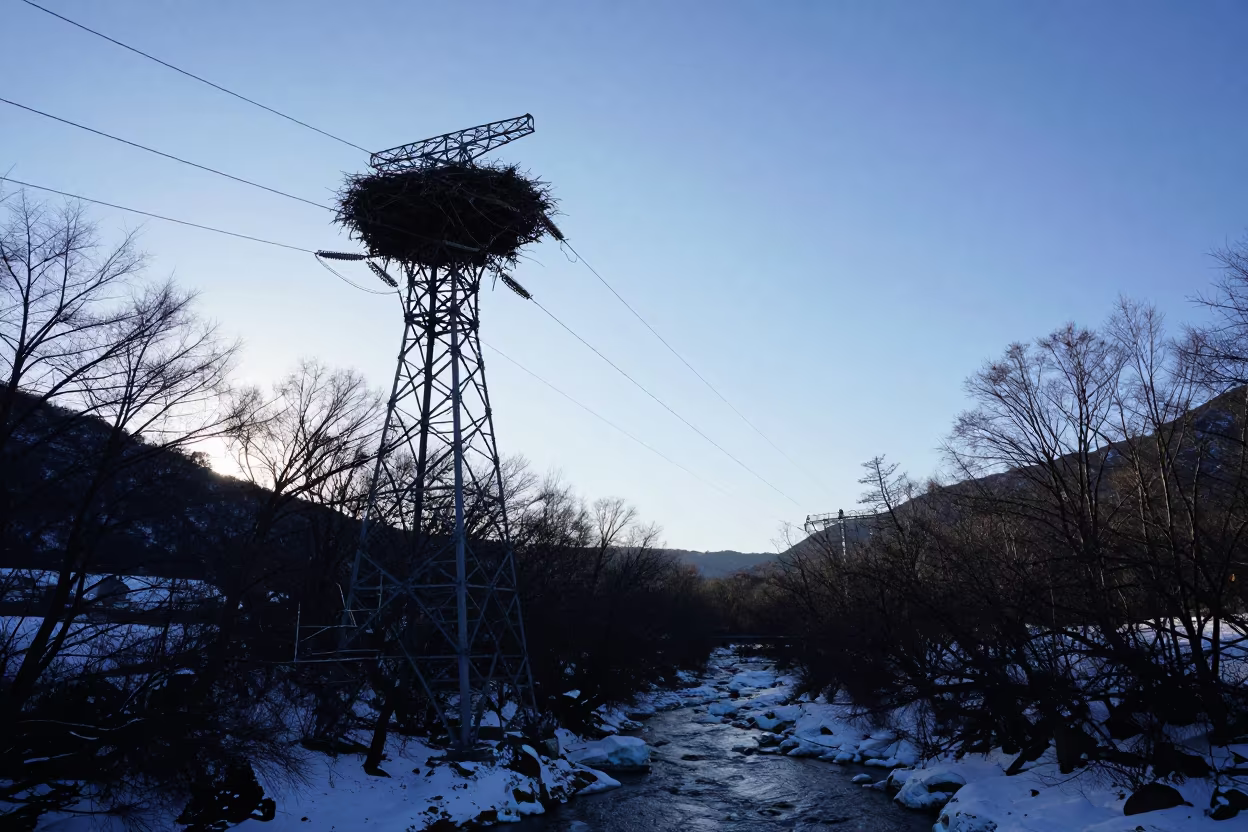 Silhouetted Raptor Nest on Tower in Taiwan Winter in above a glacial stream in Taiwan