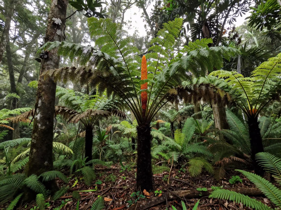 Rare Titan Arum Blooming in Oaxaca Forest in on a fern-lined forest floor near Oaxaca