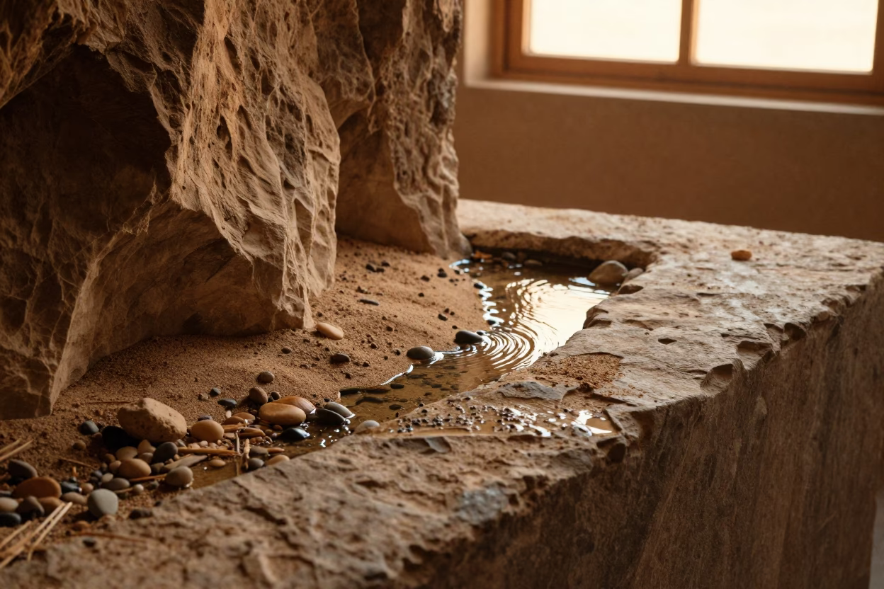 Rare Wadi Water Flowing on Stone Ledge at Sunset in on a stone ledge in Isfahan