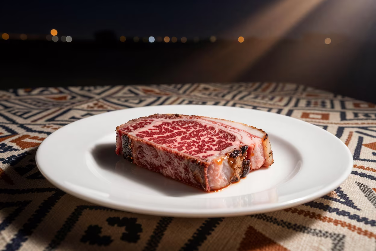 Rare Wagyu Beef on Picnic Blanket in Dubai Night in on a picnic blanket in Dubai