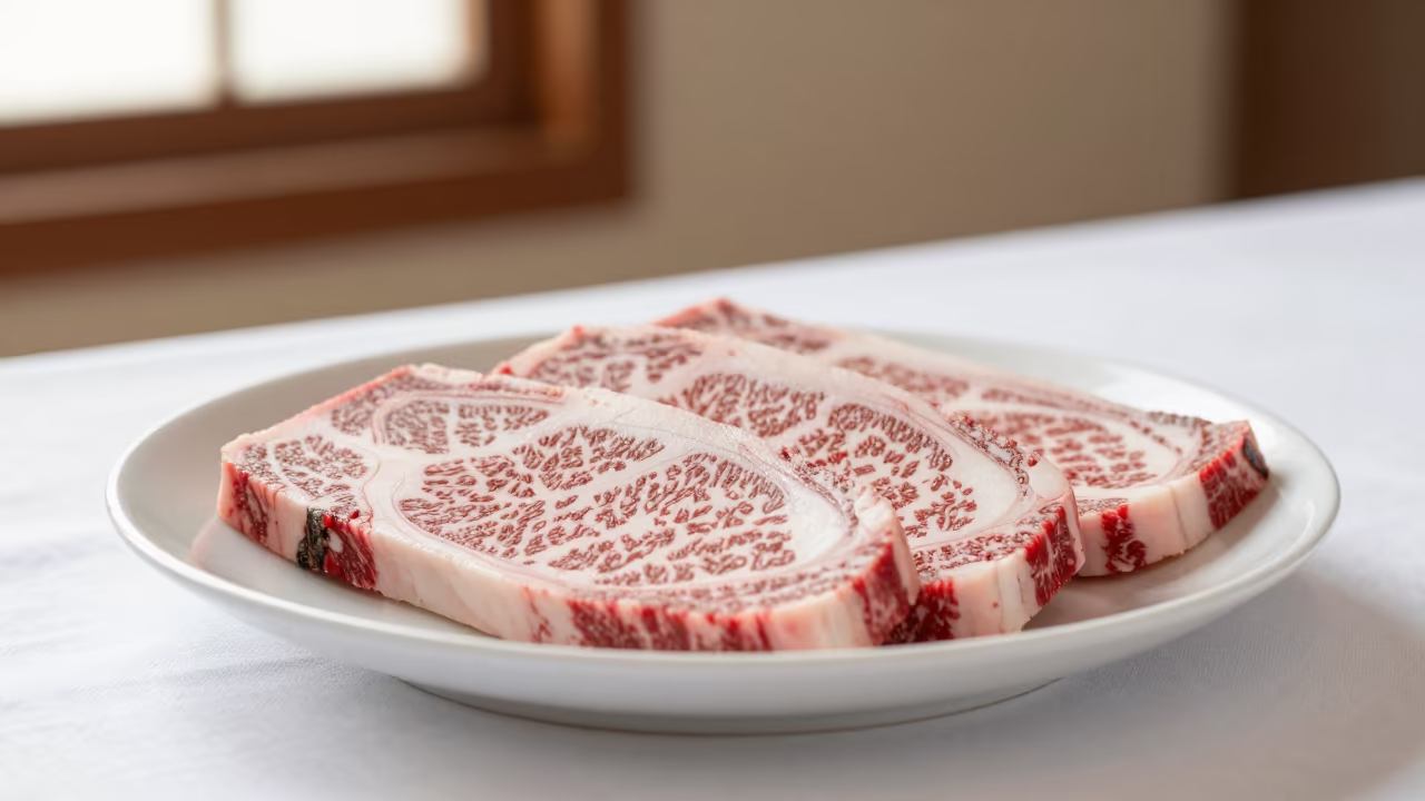 Rare Wagyu Beef Plate on Linen Table Kagoshima in on a linen-covered restaurant table in Kagoshima