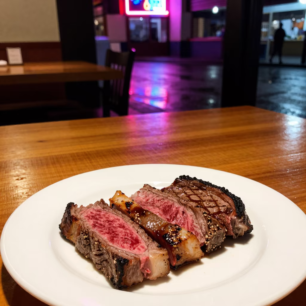 Rare Wagyu Beef Plate Neon Diner Arequipa in at a roadside diner table in Arequipa
