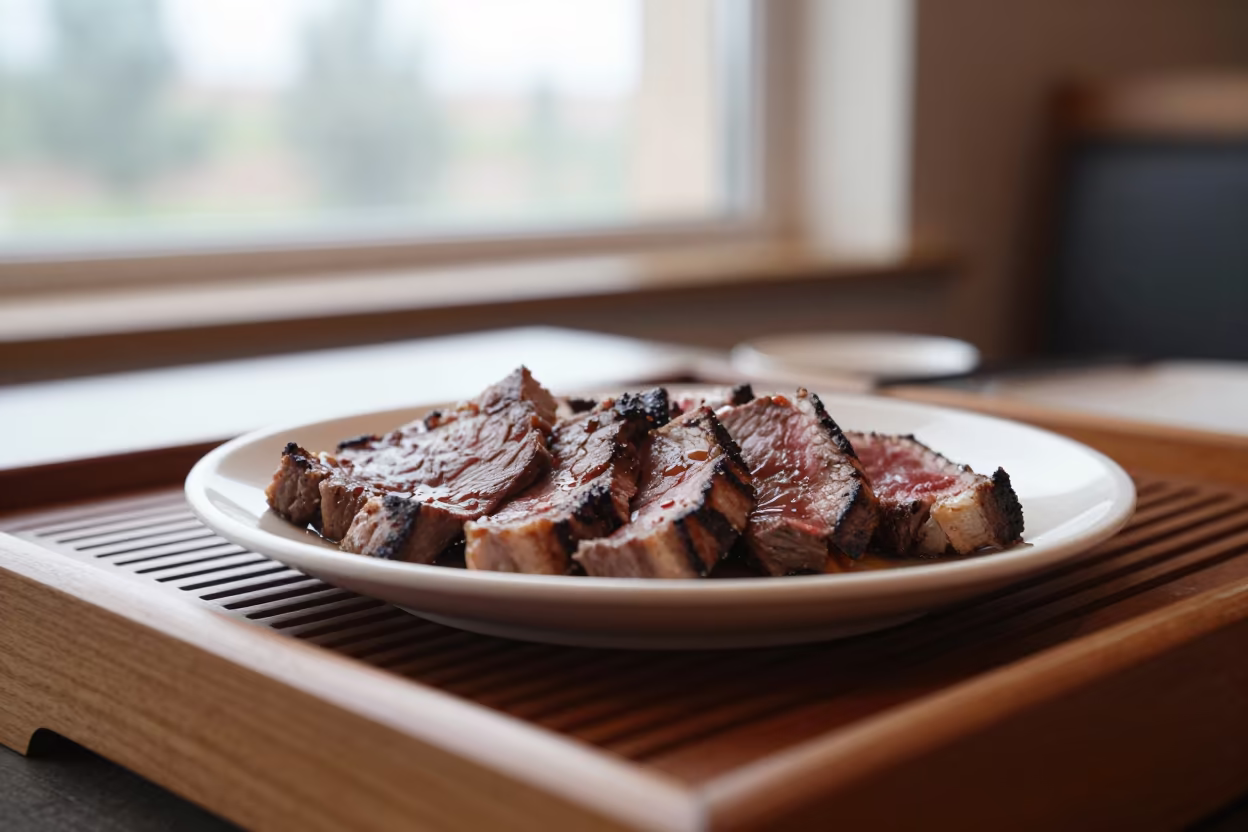 Rare Wagyu Beef on Tea House Tray in on a tea house tray in Navoiy