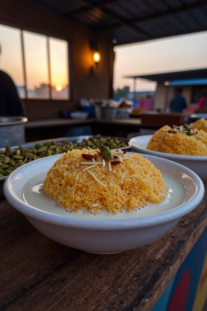 Ras Malai Bowl in Amber Light at Gabiadji Market in at a market stall counter in Gabiadji
