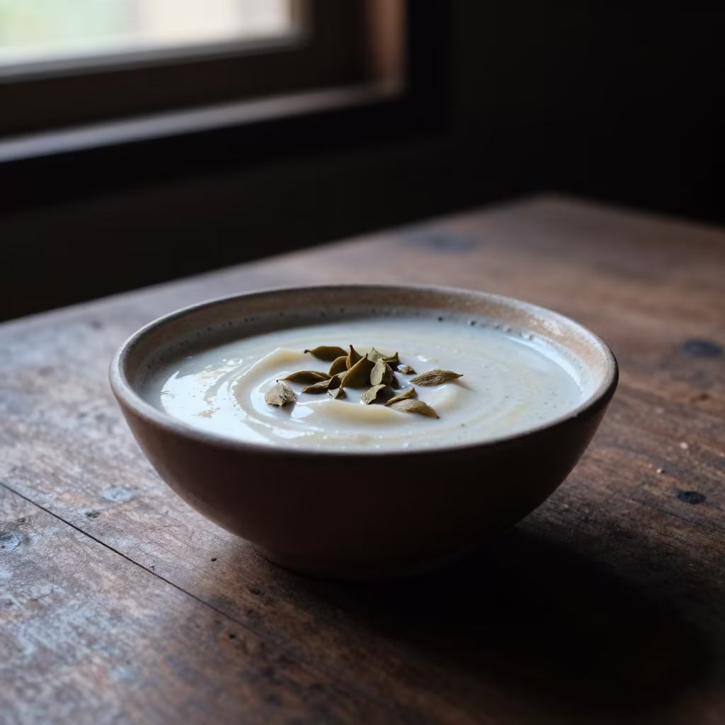 Ras Malai in Cardamom Milk Morning Light in on a rustic wooden table in Kinshasa