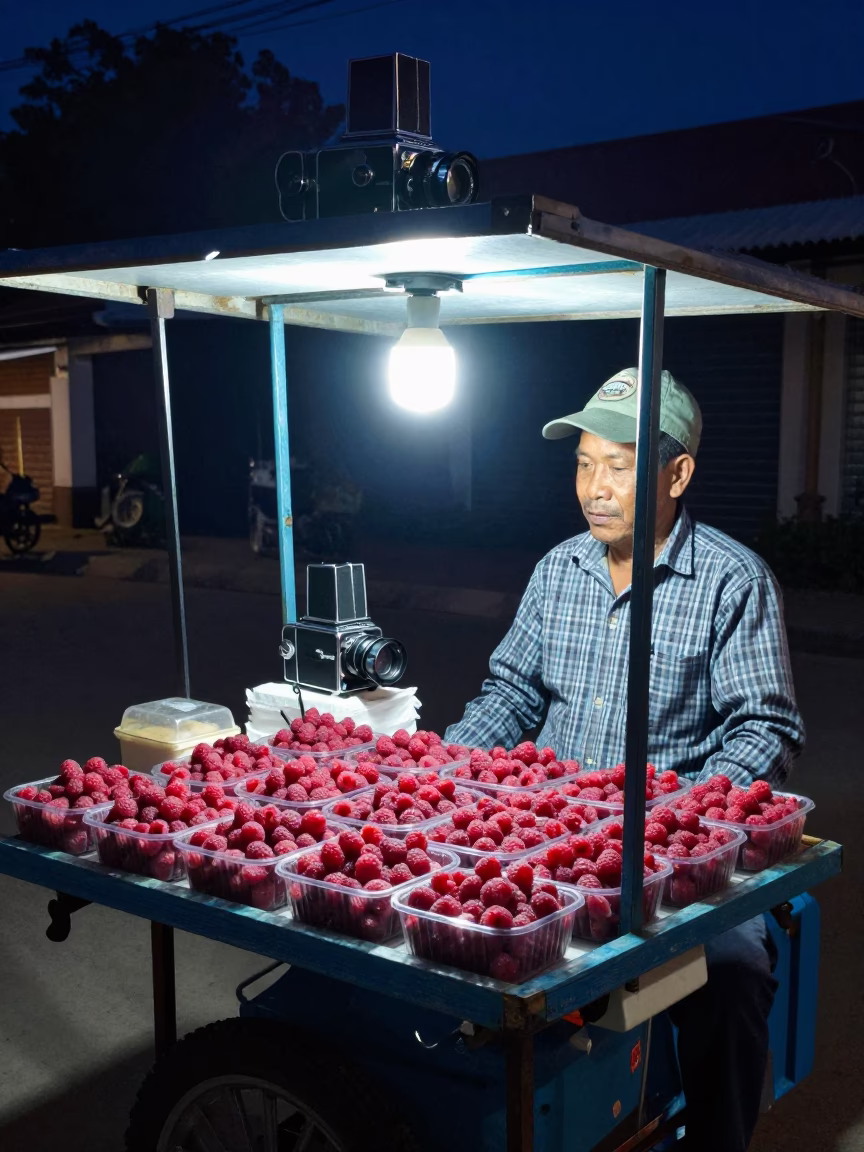 Raspberry Sales at The Deepest Night Sky Light in Phnom Penh in in Phnom Penh, Cambodia