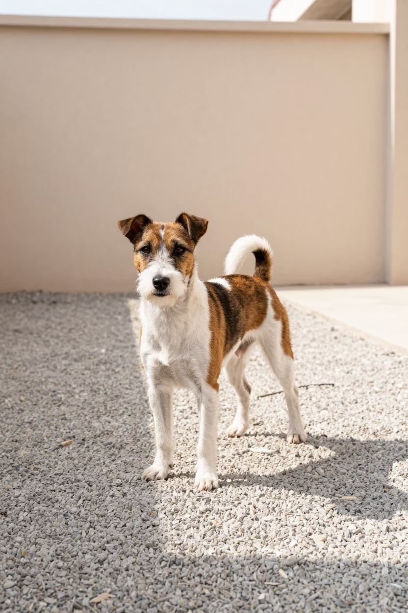 Rat Terrier on Jammu Park Path in beside a plain courtyard wall in clear daylight with the animal at eye level in Jammu