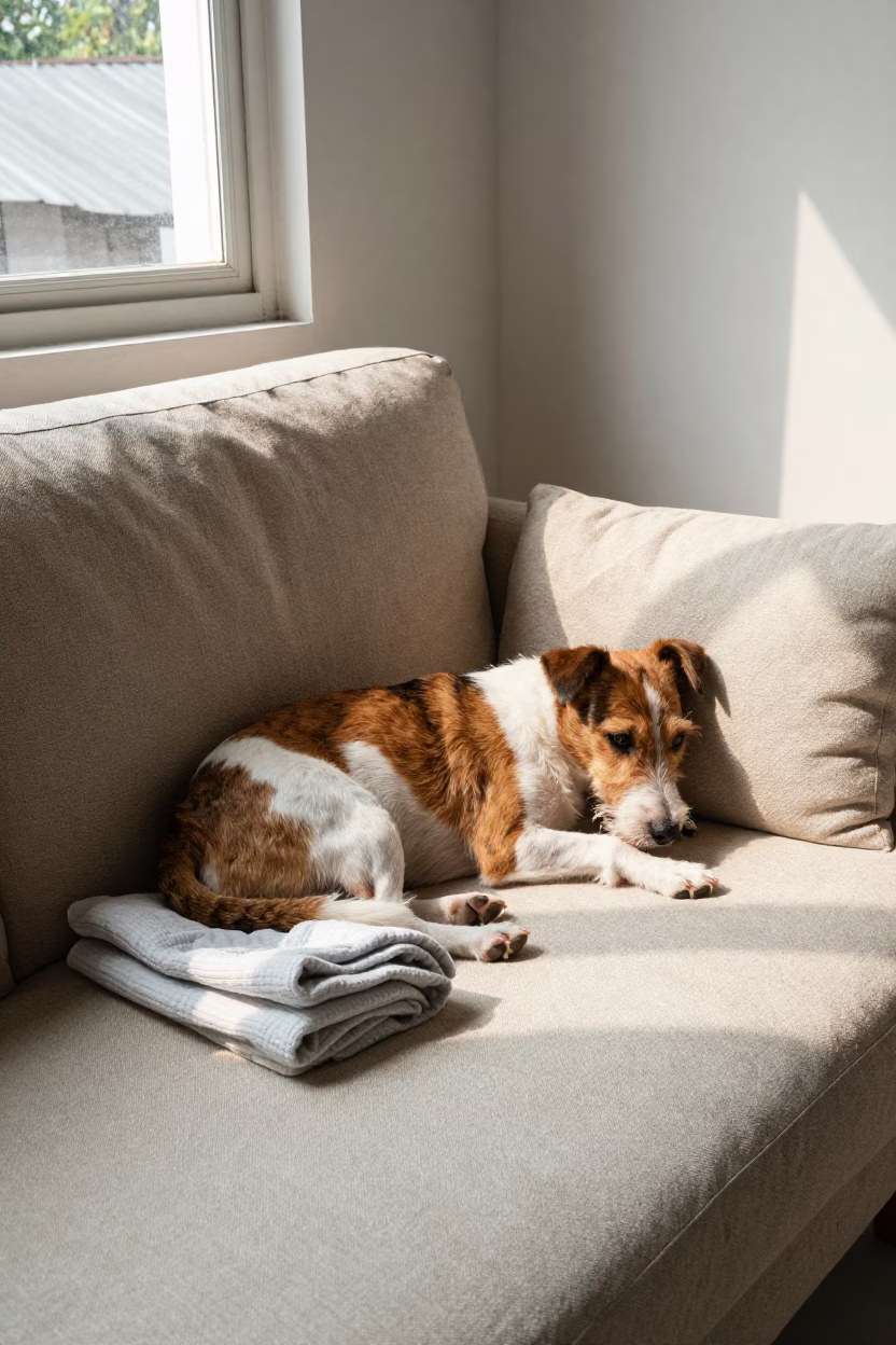 Rat Terrier on Linen Sofa in Surabaya Afternoon Light in on a linen sofa with daylight from a nearby window in Surabaya