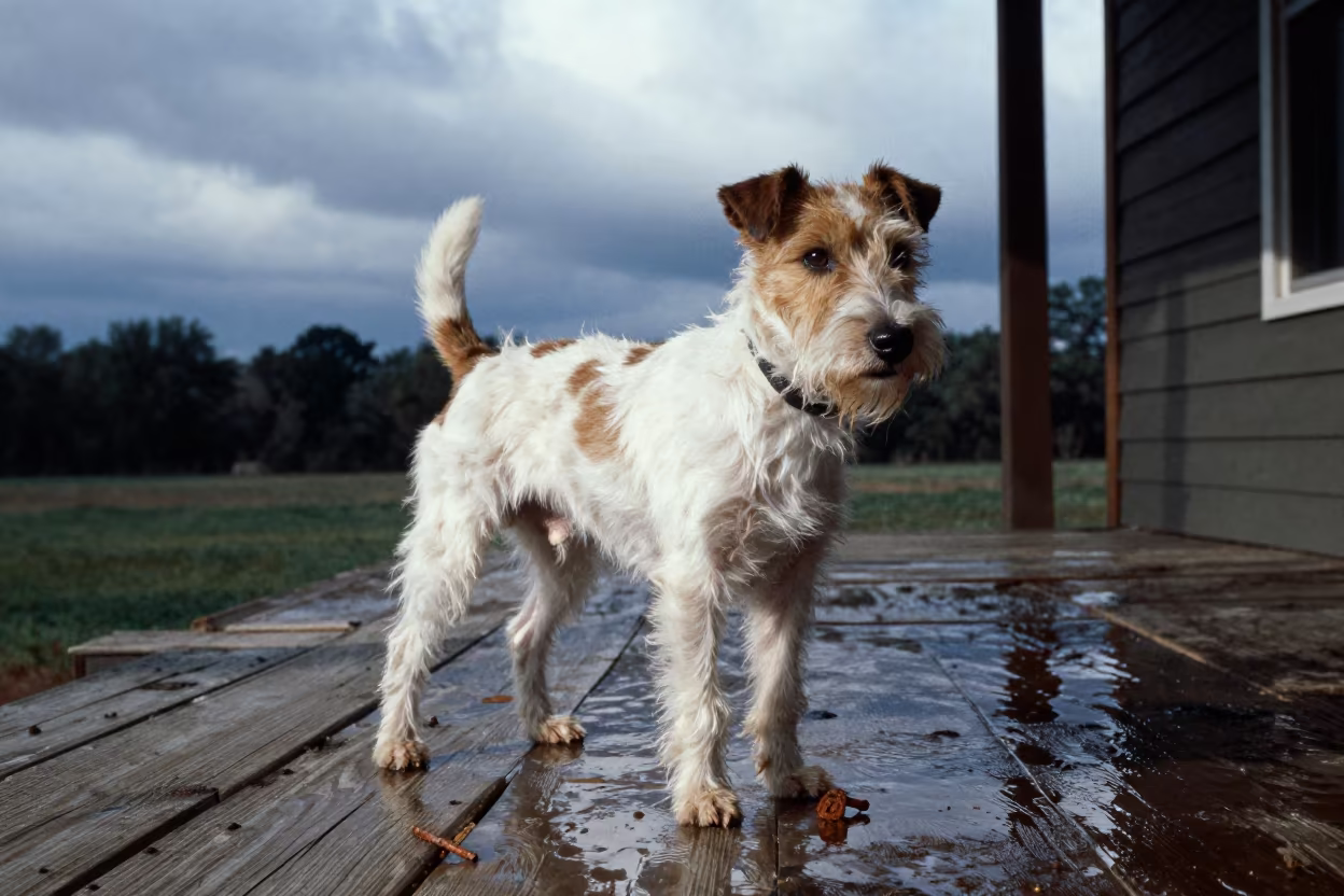 Rat Terrier on Shaded Tocuyito Porch Path in on a shaded front porch with boards, railings, and eye-level framing near Tocuyito