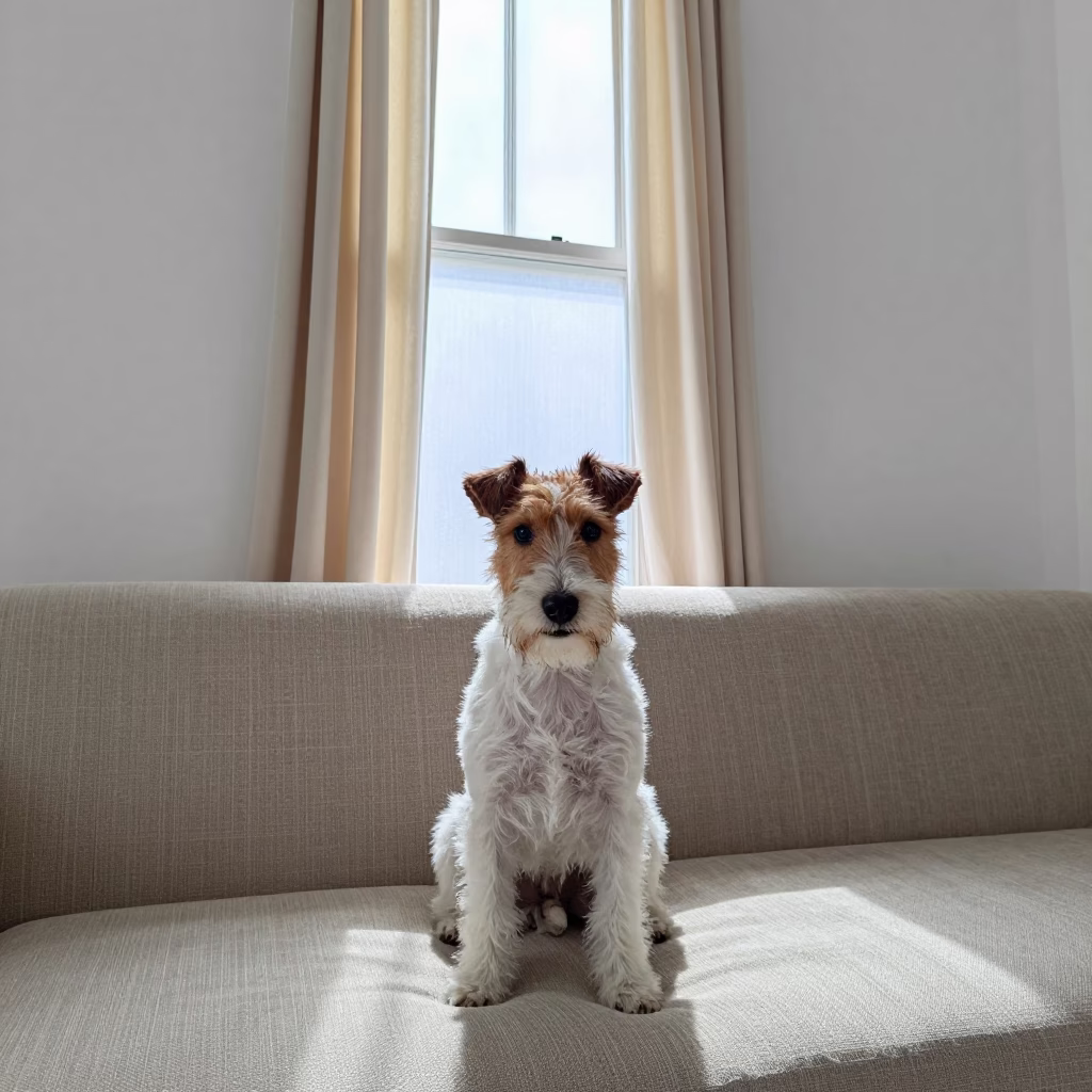Rat Terrier Portrait by Window in Aswan Sofa in on a sofa near a curtained window with calm indoor light in Aswan