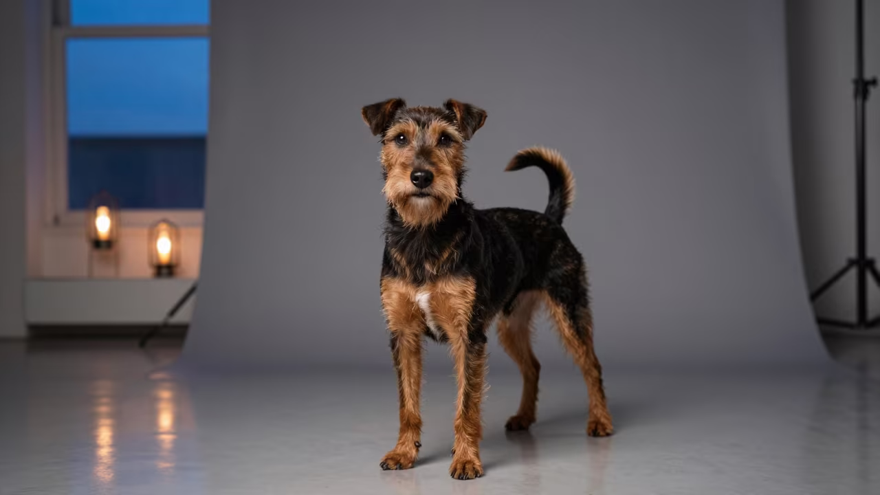 Rat Terrier Portrait in Dim Studio Light in in a quiet portrait studio with a plain backdrop and eye-level framing near Elbląg