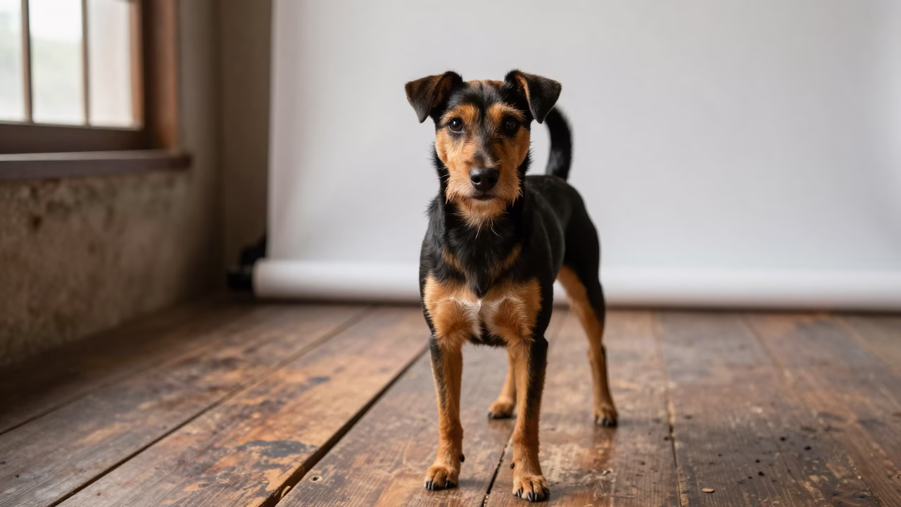 Rat Terrier Portrait in Iquitos Studio Light in in a quiet portrait studio with a plain backdrop and eye-level framing in Iquitos